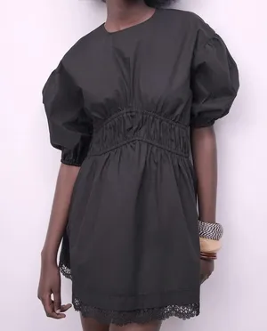 Zara Mini DRESS W/ MATCHING LACE TRIM BALOON SLEEVES Black Size XS NEW thumbnail 3