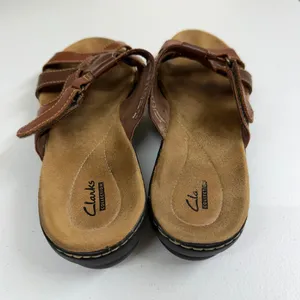 Clarks Collection Brown Leather Strappy Slide Sandals hook and loop summer 9.5 thumbnail 3