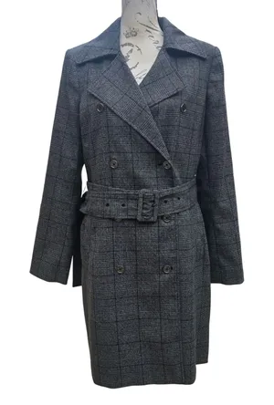 Calvin Klein‎ Womens Grey Glen Plaid Double Breasted Belted Trench Coat Size 10 thumbnail 1