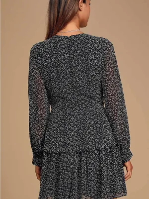 Lulu's Black Floral V-Neck Mini Dress. thumbnail 2