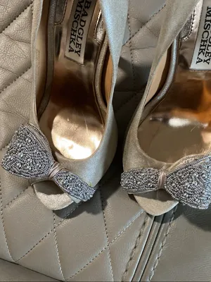 Badgley Mischka Ivory Champagne Satin Peep-Toe Heels with Crystal Bow Accent thumbnail 11