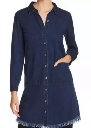Eileen Fisher Denim Shirt‎ Dress Indigo Blue Tencel Organic Cotton Fringe Hem XS thumbnail 1