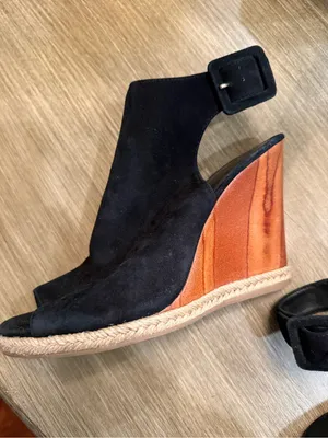 Tory Burch Black Suede Peep-Toe Ankle Wood Strap Wedges Sz 9 thumbnail 9