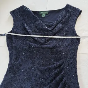 Ralph Lauren Navy Blue Sequin Lace Cowl Neck‎ Sheath Sleeveless Dress Size 10 thumbnail 9