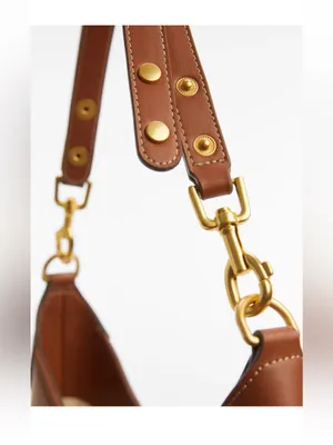 Mango MNG- round Saddle Shoulder tote Bag cognac chestnut Brown, Gold Hardware thumbnail 4