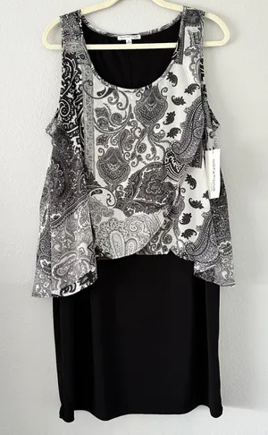 Notations Size-1X Women's Chiffon Overlay Abstract‎ Patterned & Black Dress thumbnail 1