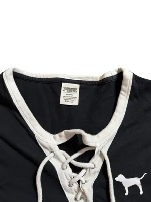 Victoria's Secret PINK Lace Up Long Sleeve Shirt Top Black White Dog Logo M thumbnail 2