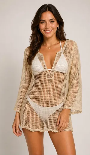 LA BLANCA By Rod Beattie Gold Mesh Net Swim Cover Up gold color size M thumbnail 1