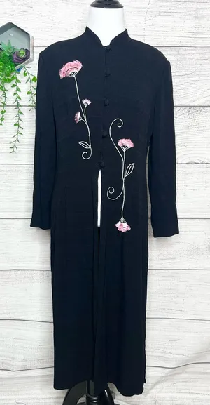 Vintage Black & Pink Floral Embroidered Long Sleeve Dressy Duster Blouse Size 8 thumbnail 1