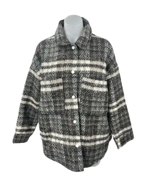Missguided Gray Wool Plaid Collared Long Sleeve Button Down Shirt Coat Jacket 6 thumbnail 1