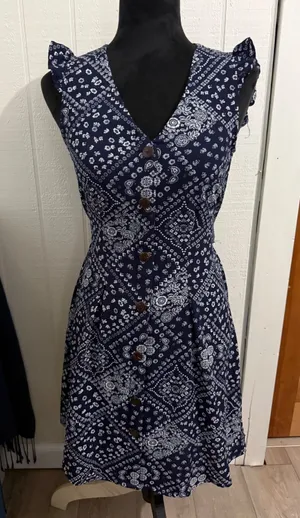 Monteau Los Angeles Navy Blue Bandana Paisley Print Button Front Dress XS thumbnail 1