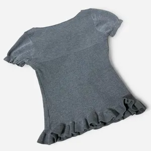 Hyperbees Ribbed Peplum Dark Academia Top Polka‎ Dot Ruffle Bow Square Neck S thumbnail 4