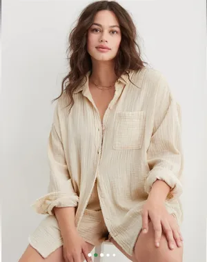 Aerie Beige Gauzy Cover Up Shirt thumbnail 1
