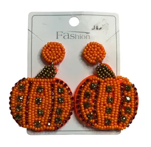 Pumpkin Beaded Earrings Womens OS Orange‎ Halloween Fall Festive Drop Sparkle thumbnail 1