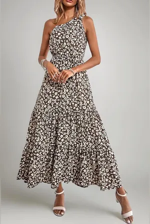 Amazon floral maxi dress prettygarden chocolate one shoulder knot ruffle elastic thumbnail 1