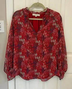 LOFT Long Sleeve Printed Red Top with Ruffle Trim thumbnail 1