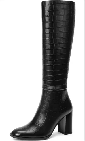 NEW Black Faux Crocodile knee High Boots Round Toe Chunky Heel 6.5 thumbnail 1