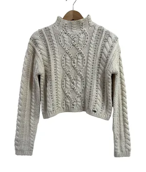 Superdry Sartorial Womens Cream Cable Knit Studded Mock Neck Cropped Sweater XS thumbnail 1