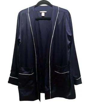 Victoria’s Secret Satin-Like Navy Blue Pink Trim Jacket Style Robe Size Medium thumbnail 1