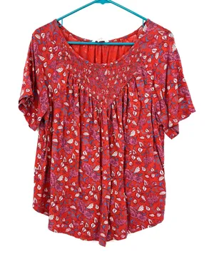 Lucky Brand Size Large Short Sleeve Shirt Top Blouse Red Floral Loose Fit Flowy‎ thumbnail 1