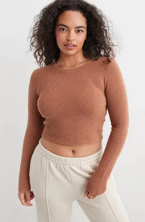 Aerie tan textured open back sweater long sleeve crop top XS cotton thumbnail 1