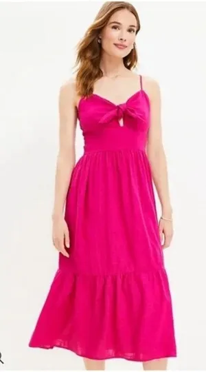 Loft Pink Sleeveless Midi Dress Size 2 Bow‎ Front Tiered Coquette Barbiecore thumbnail 1