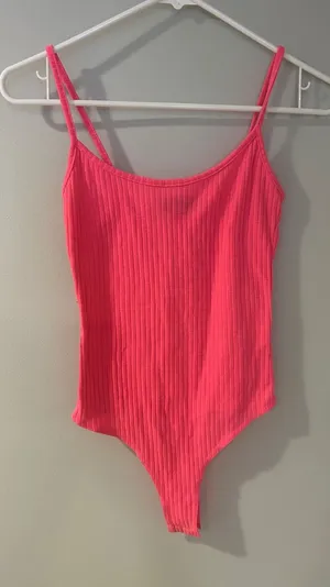 Missguided Ribbed Spaghetti-Strap Bodysuit in Hot Pink thumbnail 1