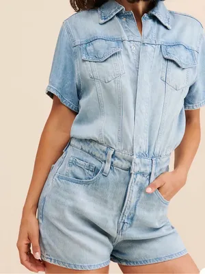 Good American Weightless Light Blue Denim Short Sleeve Romper Sz 4 XL thumbnail 1