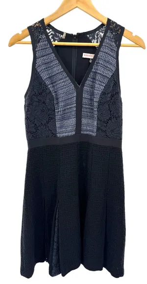 Rebecca Taylor Black Tweed Lace Trim V Neck Sleeveless Fit Flare Dress‎ Size 6 thumbnail 1