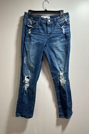 BKE Cropped Jeans in Deep Blue with Ripped Accents thumbnail 1