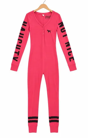 VS PINK Naughty Not Nice One Piece Onesie Pajamas Thermal Butt Flap Red Small thumbnail 1