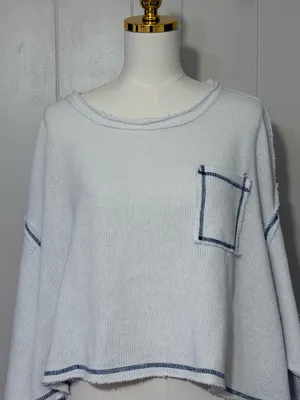 POL Cropped Oversized Sweater Top White Contrast Stitch Raw Hem Size L thumbnail 2