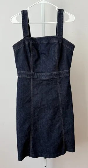 Ann Taylor Factory Dark‎ Wash Denim Pinafore Dress sz 6 Cotton Knee Length thumbnail 1