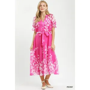 Umgee Floral Print Tie Waist Midi Dress with Side Pockets - Peony - Small thumbnail 5
