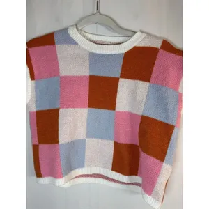 Womens Knit Sweater Vest Size S Colorblock Checkered Pink Blue Rust Cream thumbnail 3