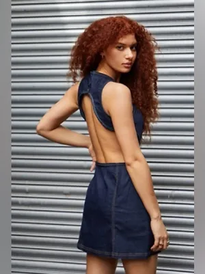 Silence + Noise Lilith Denim mini dress open back Cutout Shift dark wash UO thumbnail 3
