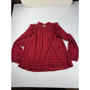 Entro Plaid Ruffle Long Sleeve‎ Blouse Top Keyhole Casual Red Size S thumbnail 5