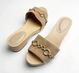 ANN TAYLOR Missy Leather Dominican Sand Chain Wooden Mule Clog Slides, Size 7 thumbnail 1