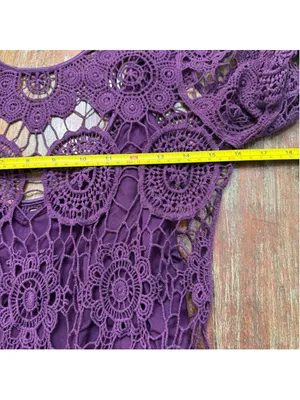 Free People Purple Crochet Lace Mini Dress Double Tie Back Tassel Bell Sleeve Sm thumbnail 8