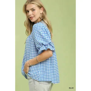Umgee Gingham Check Blouse with Ruffle‎ Sleeves - Medium thumbnail 2