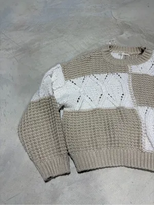 Pull & bear Beige and White Patchwork Cable Knit Sweater small thumbnail 2