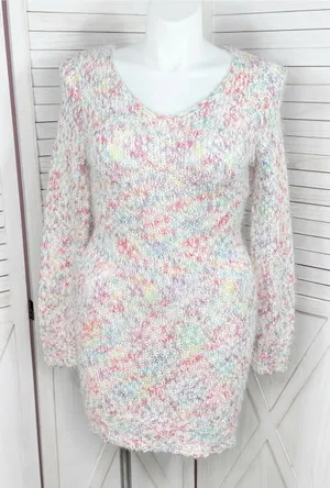 Confetti V Neck Bodycon Sheath Sweater Mini Dress White Multicolor Size Large thumbnail 1