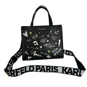 Karl Lagerfeld Paris Black Leather Graffiti Tote Bag‎ Crossbody Strap thumbnail 1