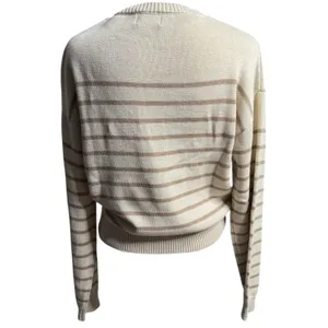 Pink Lily Striped Button Neck Sweater Cream Tan Small Coastal Grandma thumbnail 3