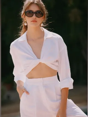 NWT CHASER Portofino‎ White Cotton Cropped Wrap Top, S/M thumbnail 2