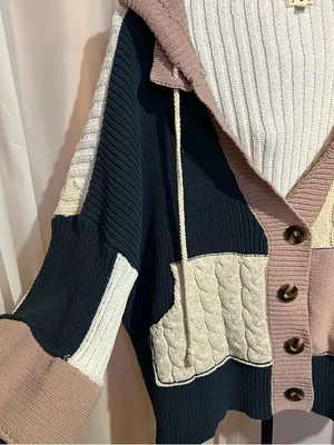 POL Colorblock Cable-Knit Hooded Cardigan - Pink/Navy/Cream thumbnail 6