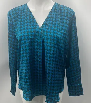 Ann Taylor Teal Houndstooth V-Neck Blouse thumbnail 1