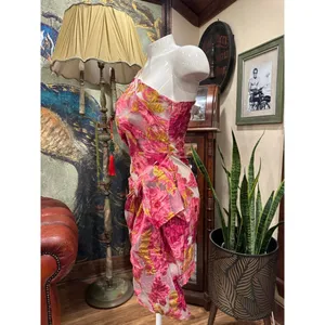 Showpo Brailey Dress One Shoulder Pink Gold Floral Jacquard Wrap Mini US 0 thumbnail 4