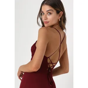 NWT Lulus Event Ready Burgundy Backless Lace-Up Maxi Dress Bridesmaid Wedding M thumbnail 3