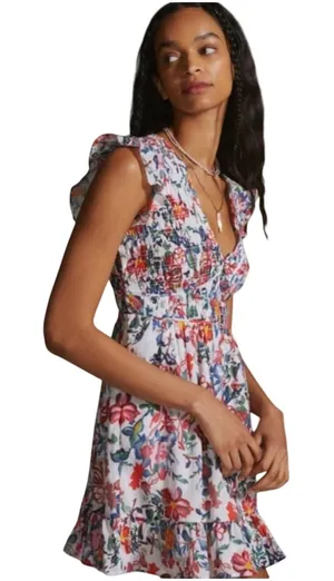By Anthropologie The Peregrine Mini Dress Multicolor Floral Print Large XL READ thumbnail 1